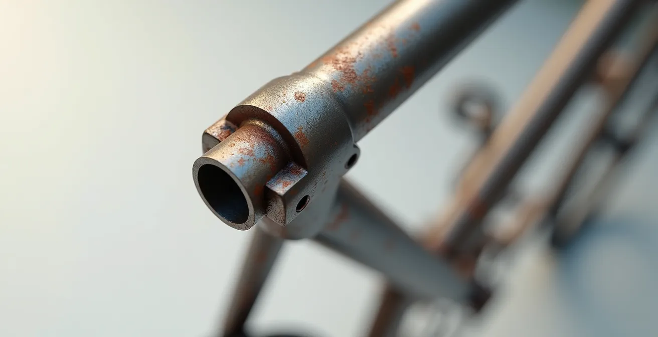 Détail texturé du cadre en acier avec patine authentique et revêtement anti-corrosion, montrant la durabilité matérielle