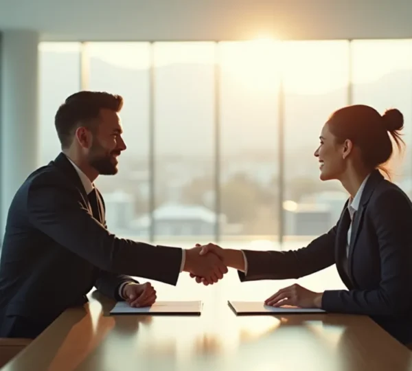 Scène épurée d'un cabinet d'avocats moderne, avocat et client se serrant la main près d'une grande table en bois, lumière naturelle, composition équilibrée, espace négatif marqué, aucune lettre ni logo