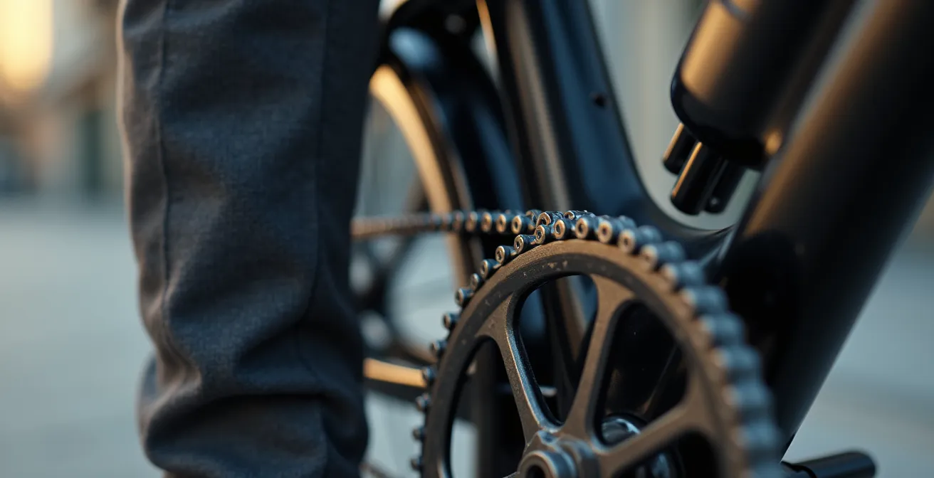 Détail macro de chaîne protégée et vêtements propres de cycliste urbain en tenue de travail professionnelle
