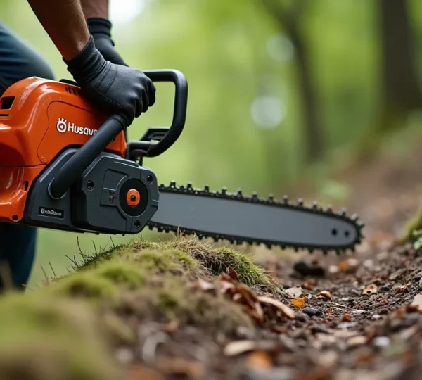 Débroussailleuse Husqvarna en action sur un terrain difficile naturel avec végétation dense et pente