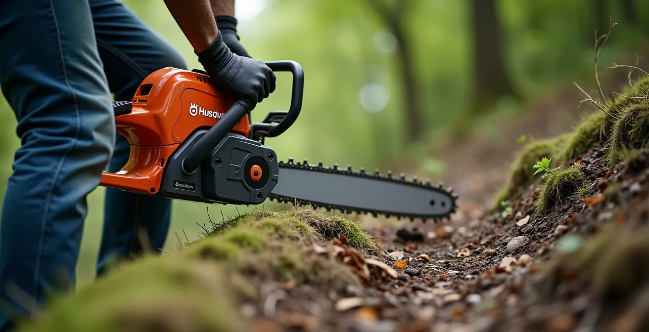 Débroussailleuse Husqvarna en action sur un terrain difficile naturel avec végétation dense et pente