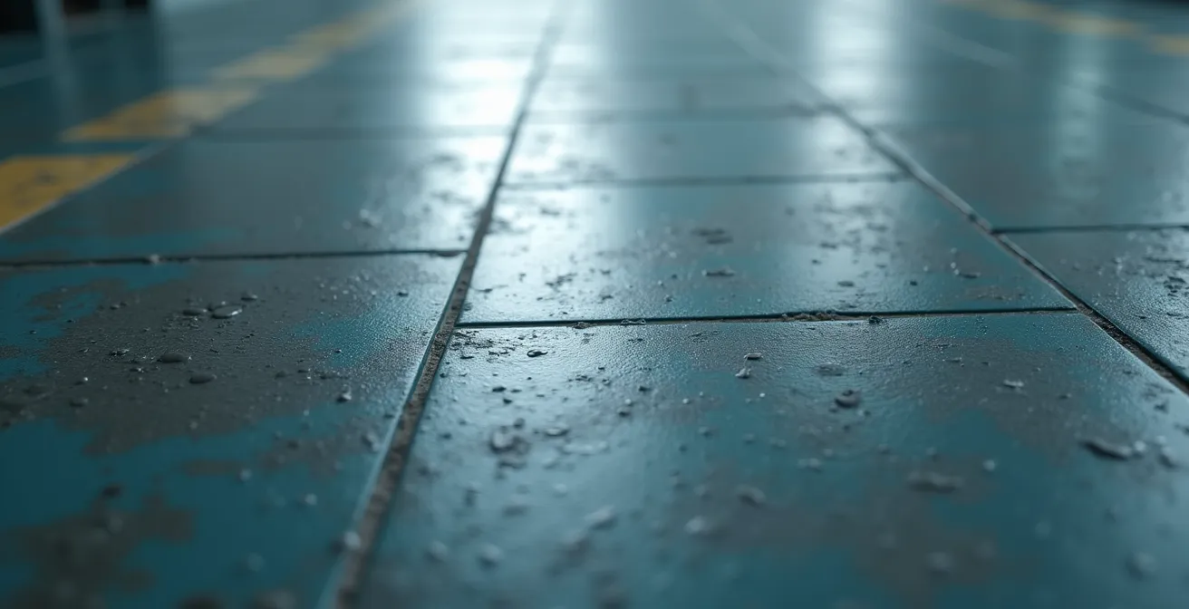 Gros plan sur la texture lisse d’un sol en résine avec éclairage délicat soulignant les détails de surface et un arrière-plan flouté