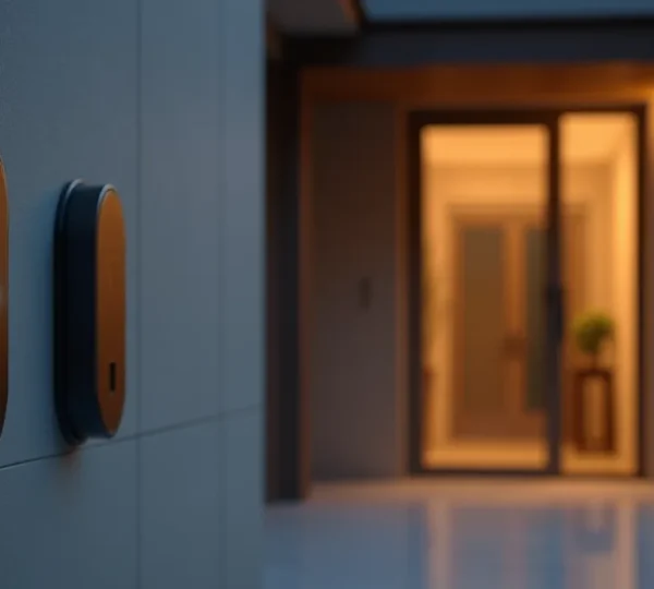 Entrée d'immeuble contemporain avec panneau d'accès sécurisé au crépuscule