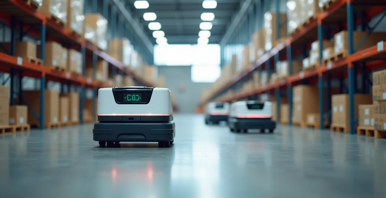 Vue d’un entrepôt logistique moderne avec robots et sols industriels nets reflétant une lumière naturelle