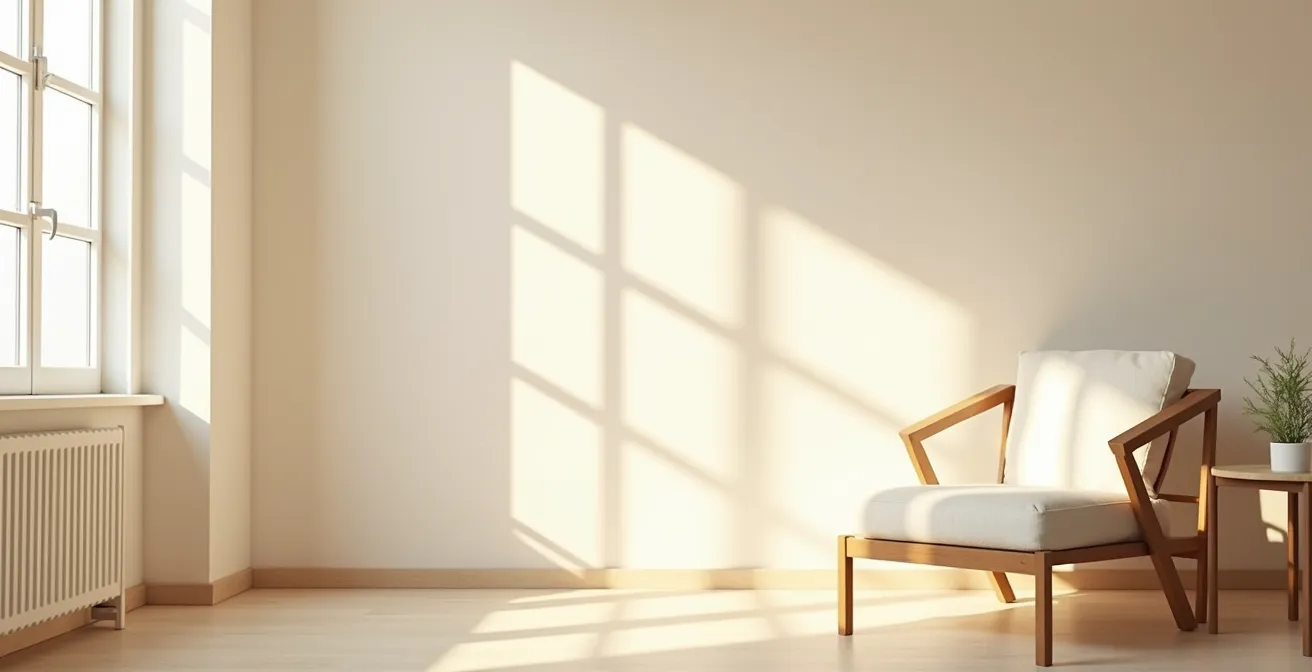 Photographie symbolique montrant un intérieur de maison épuré et lumineux, dégagé grâce au stockage, avec une lumière douce et une atmosphère paisible.