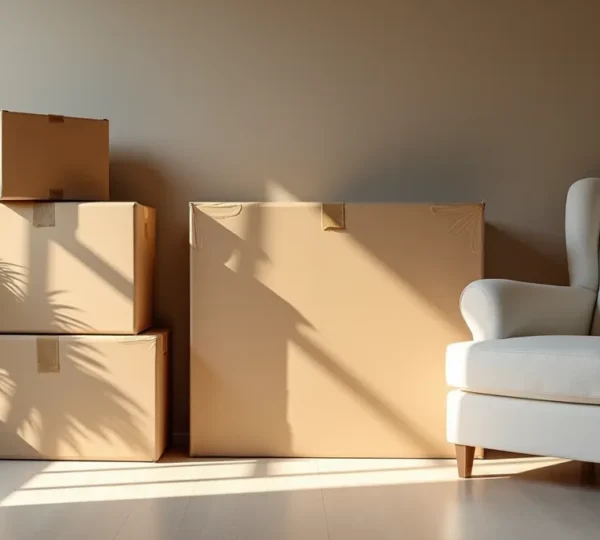 Photographie réaliste d'un garde-meuble moderne et propre, montrant un intérieur organisé avec des cartons solides et meubles bien rangés sous un éclairage cinématographique doux et naturel, avec un espace négatif permettant un titre élégant.