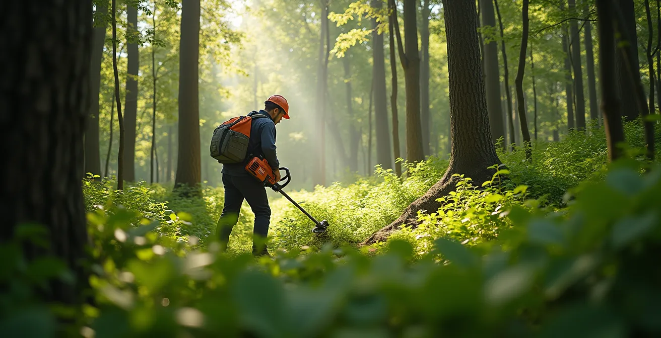 Débroussailleuse Husqvarna en action dans un sous-bois dense et ombragé