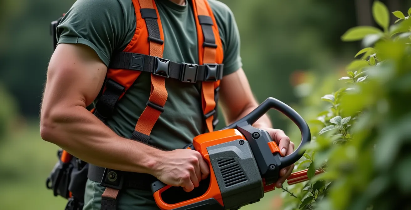 Jardinier utilisant une débroussailleuse Husqvarna avec harnais Balance XT en action