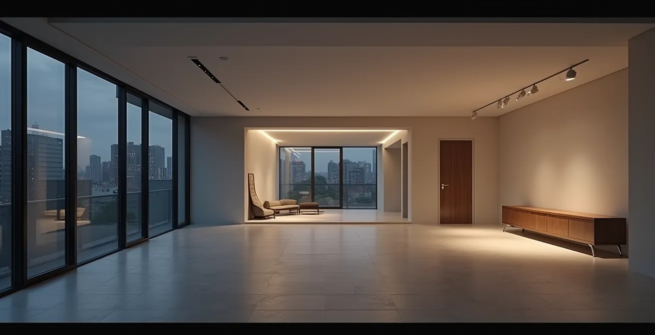 Vue large intérieur minimaliste d'appartement avec points d'accès architecturaux
