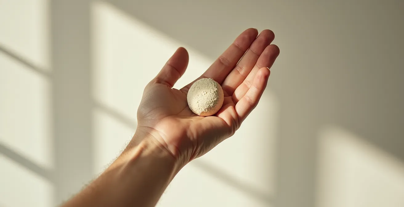 Vue artistique détaillée d'une main concrétisant un rituel sportif autour d'objets abstraits et textures riches