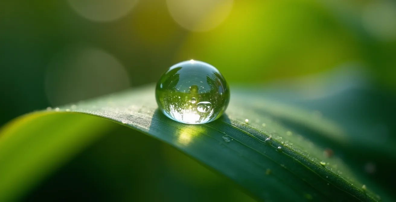 Gros plan sur le détail d'une goutte de rosée sur une feuille verte avec reflet de lumière, symbolisant la régénération mentale et la clarté apportées par la nature