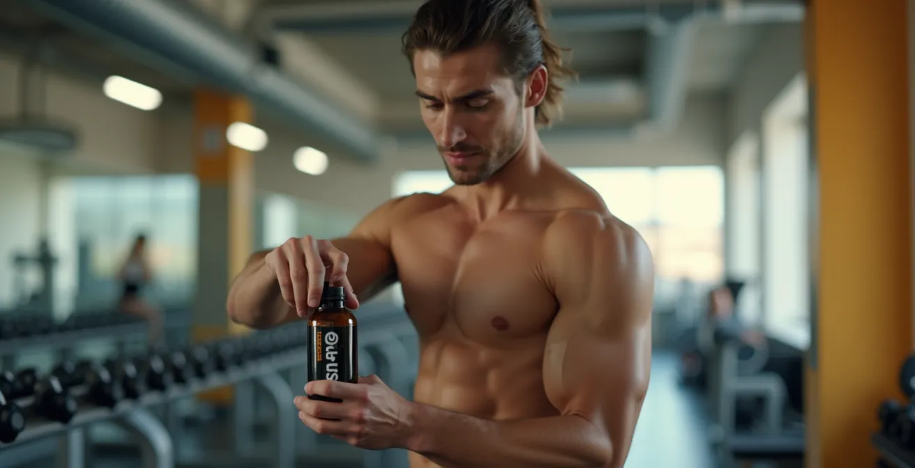 Athlète en tenue de sport utilisant des compléments alimentaires, ambiance réaliste et professionnelle