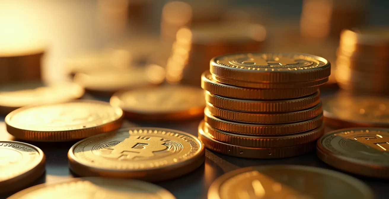 Gros plan sur des pièces de monnaie s'accumulant et s'échappant progressivement, symbolisant l'érosion des frais de gestion