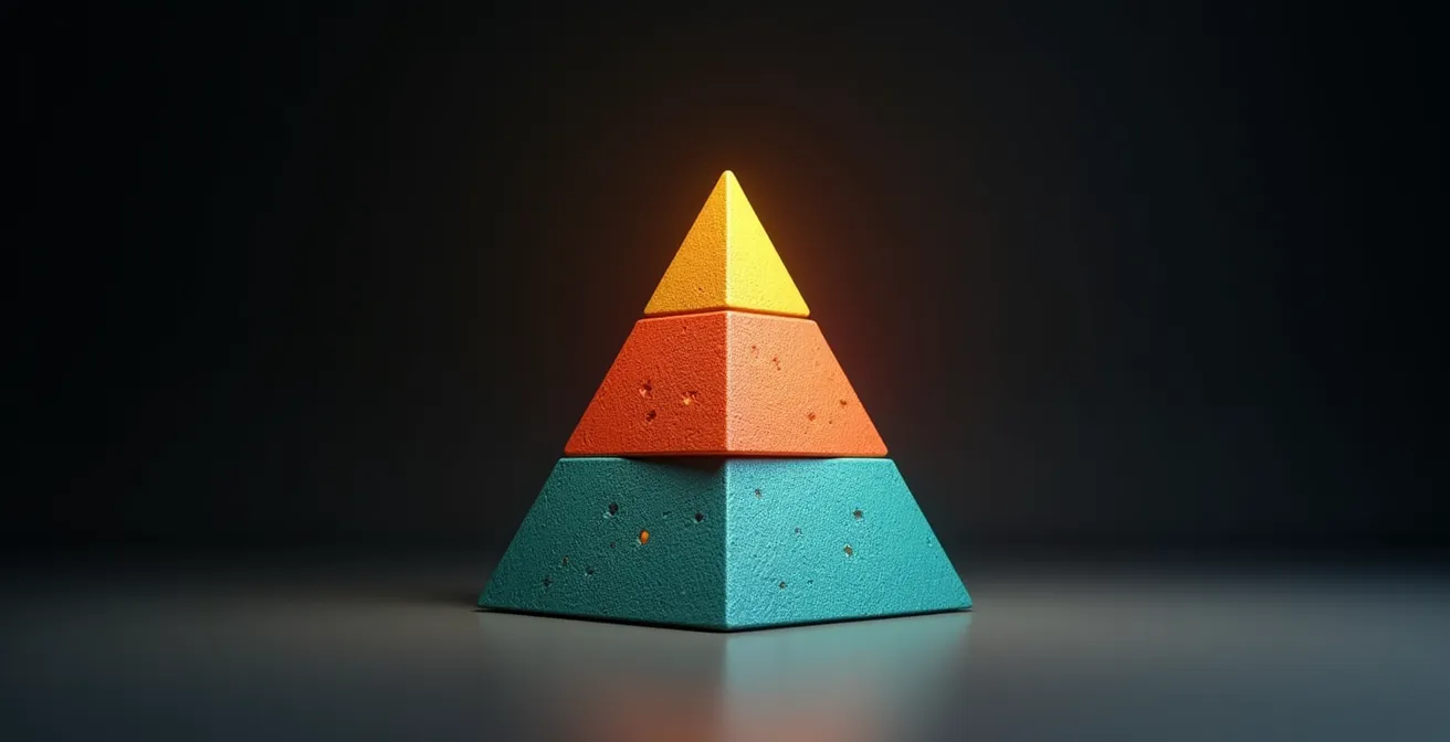 Pyramide stylisée avec sections colorées représentant les niveaux de compléments, éclairage cinématographique, textures épurées