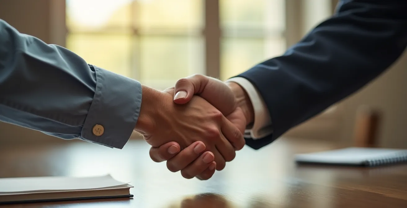 Gros plan sur une poignée de main affirmée entre un avocat et son client dans un bureau lumineux