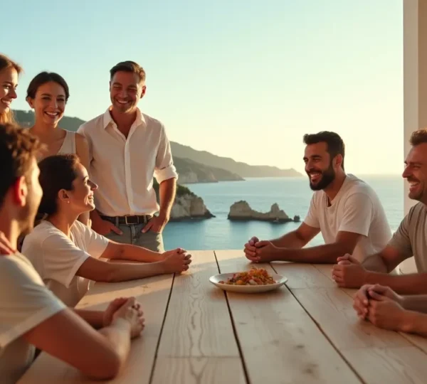 Équipe d'entreprise en séminaire résidentiel à Nice, partageant un moment de cohésion sur une terrasse avec vue sur la Méditerranée