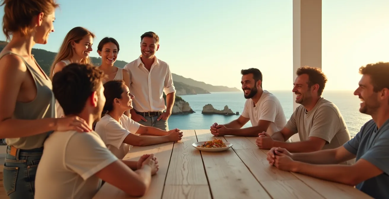 Équipe d'entreprise en séminaire résidentiel à Nice, partageant un moment de cohésion sur une terrasse avec vue sur la Méditerranée