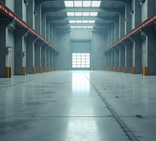 Photographie réaliste d'un sol industriel moderne propre avec éclairage naturel et composition symétrique, surface lisse avec textures fines et bokeh naturel en arrière-plan