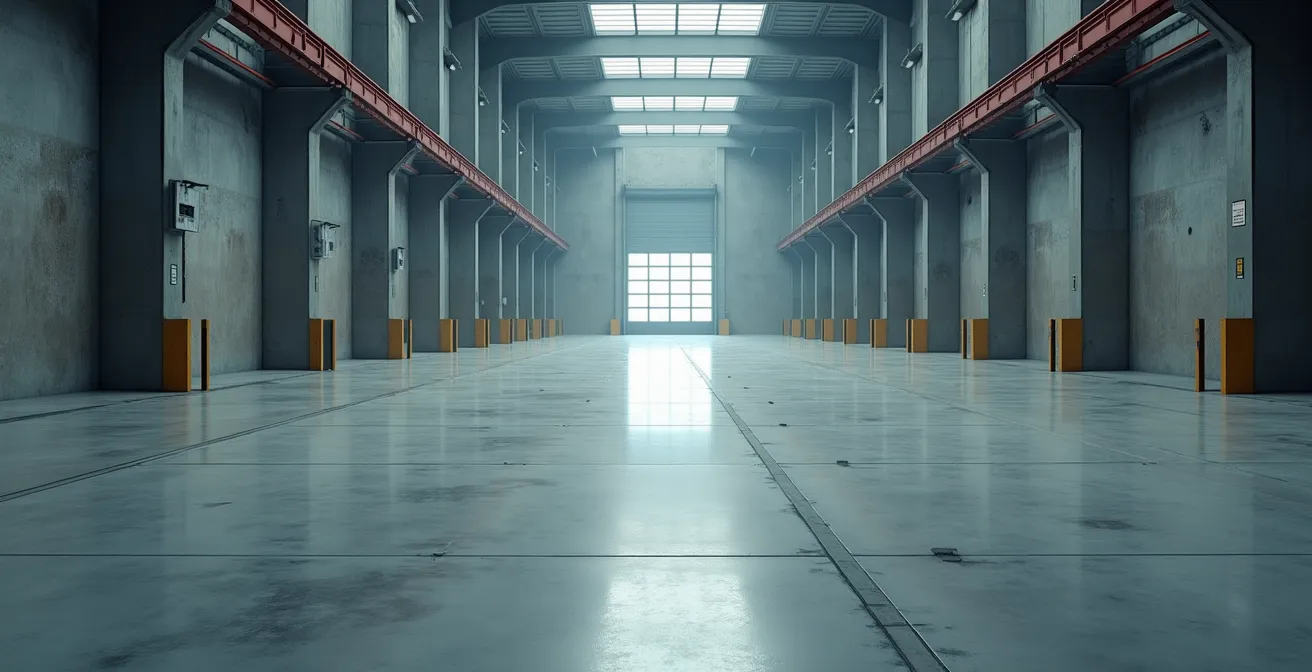 Photographie réaliste d'un sol industriel moderne propre avec éclairage naturel et composition symétrique, surface lisse avec textures fines et bokeh naturel en arrière-plan