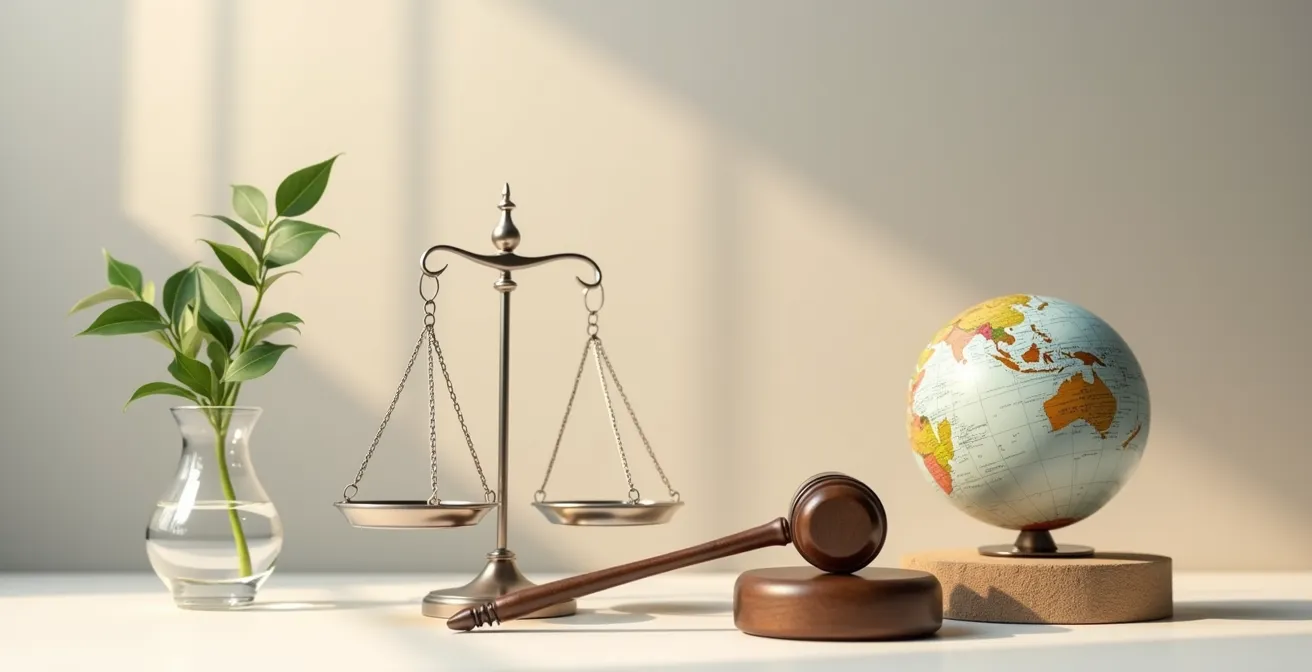 Composition visuelle avec objets symbolisant différents domaines du droit (maillet, globe, balance, silhouette numérique), posés sur un fond neutre et lumineux, aucune écriture ni logo