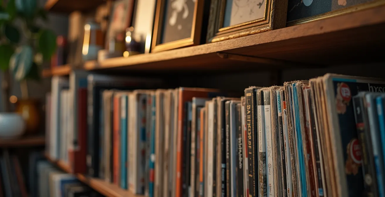 Gros plan sur une étagère avec des vinyles, instruments et œuvres d’art protégés, éclairage doux et bokeh naturel.