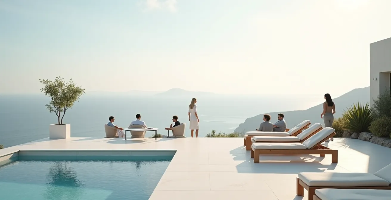 Vue aérienne d'une terrasse de séminaire à Nice avec tables de travail, vue panoramique sur la Méditerranée en arrière-plan, participants en pauses détente