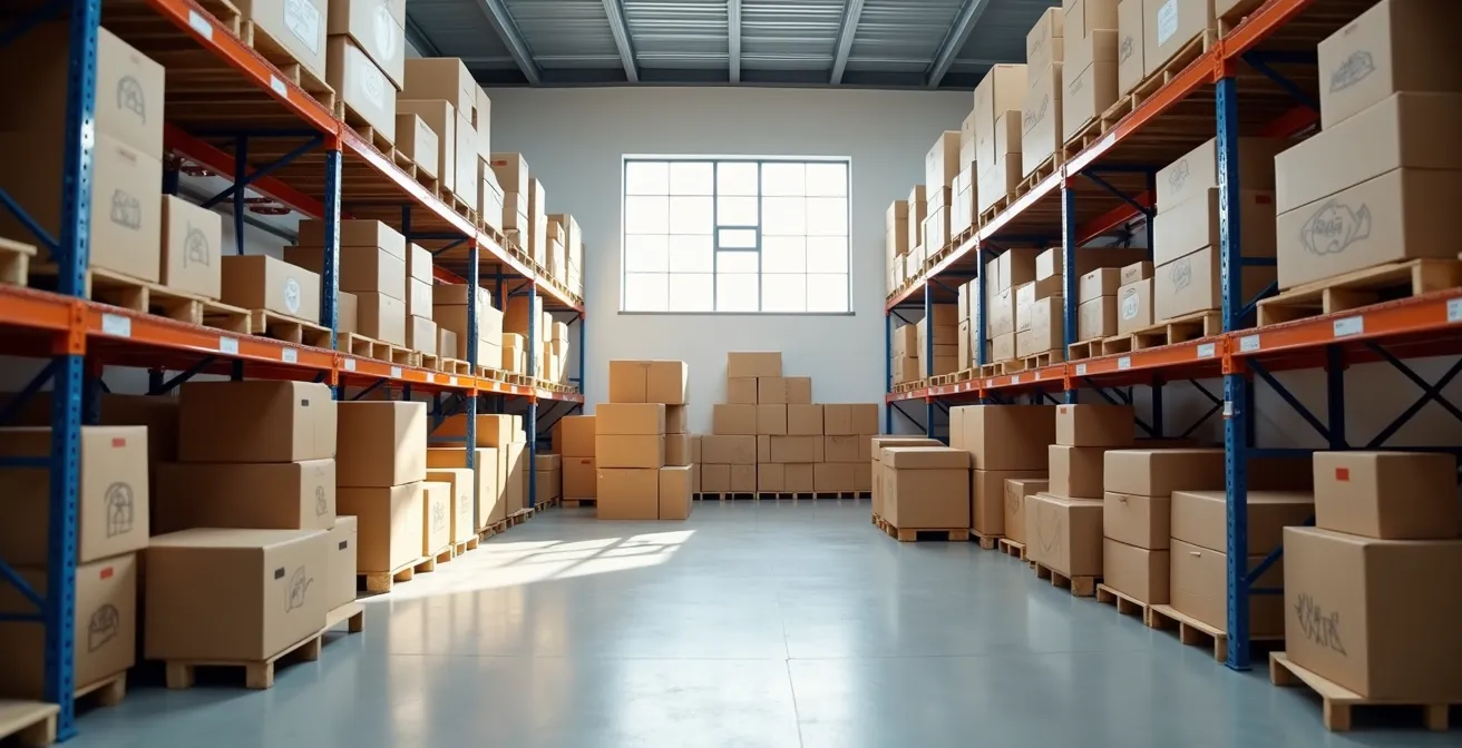 Vue environnementale d’un entrepôt de stockage bien organisé, avec des espaces clairs symbolisant la stabilité et le filet de sécurité pour les biens durant une transition imprévue.