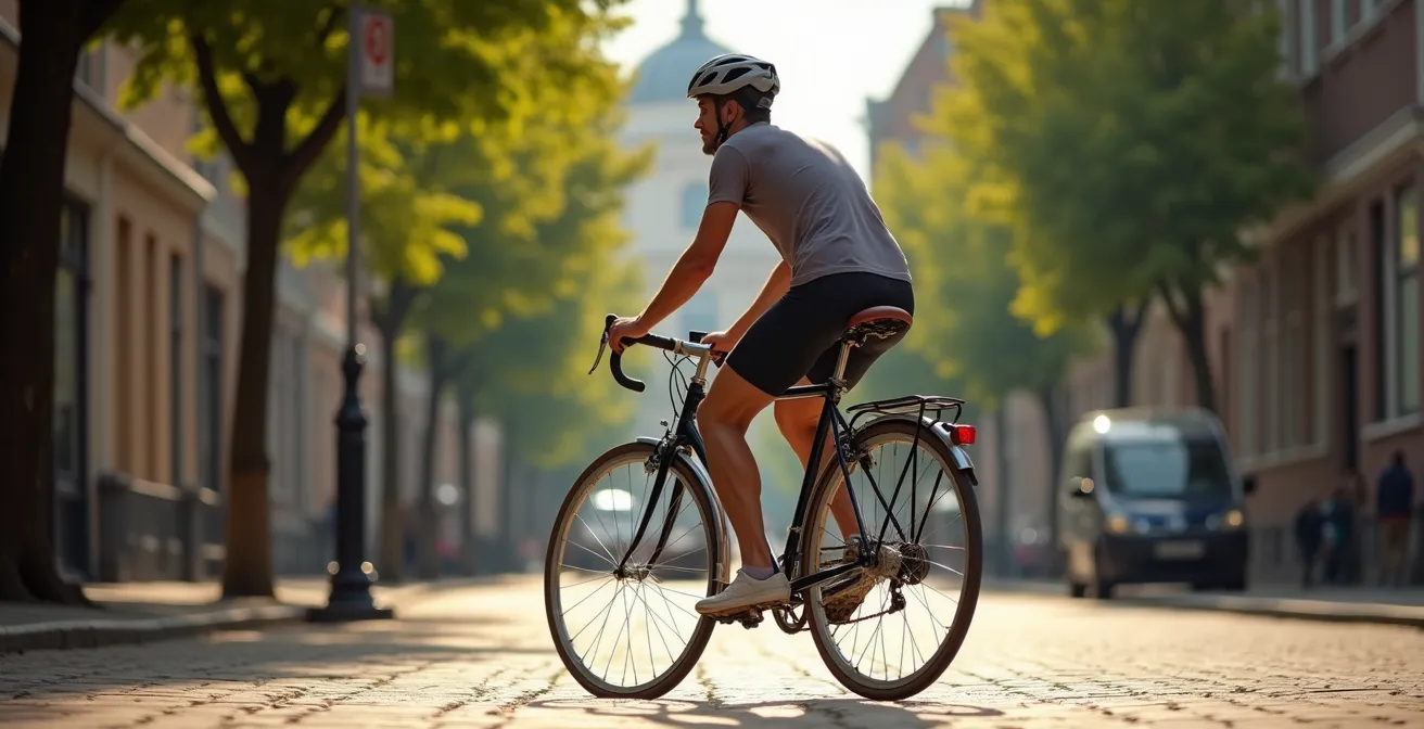 Cycliste sur vélo hollandais classique, posture droite, circulant dans une rue urbaine pavée, atmosphère calme et mature