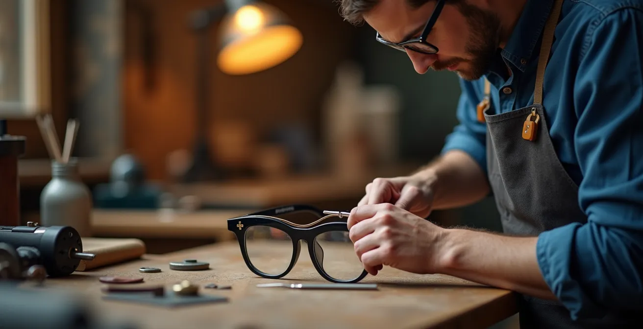 Artisan travaillant sur l'assemblage minutieux d'une monture de lunettes de luxe dans un atelier