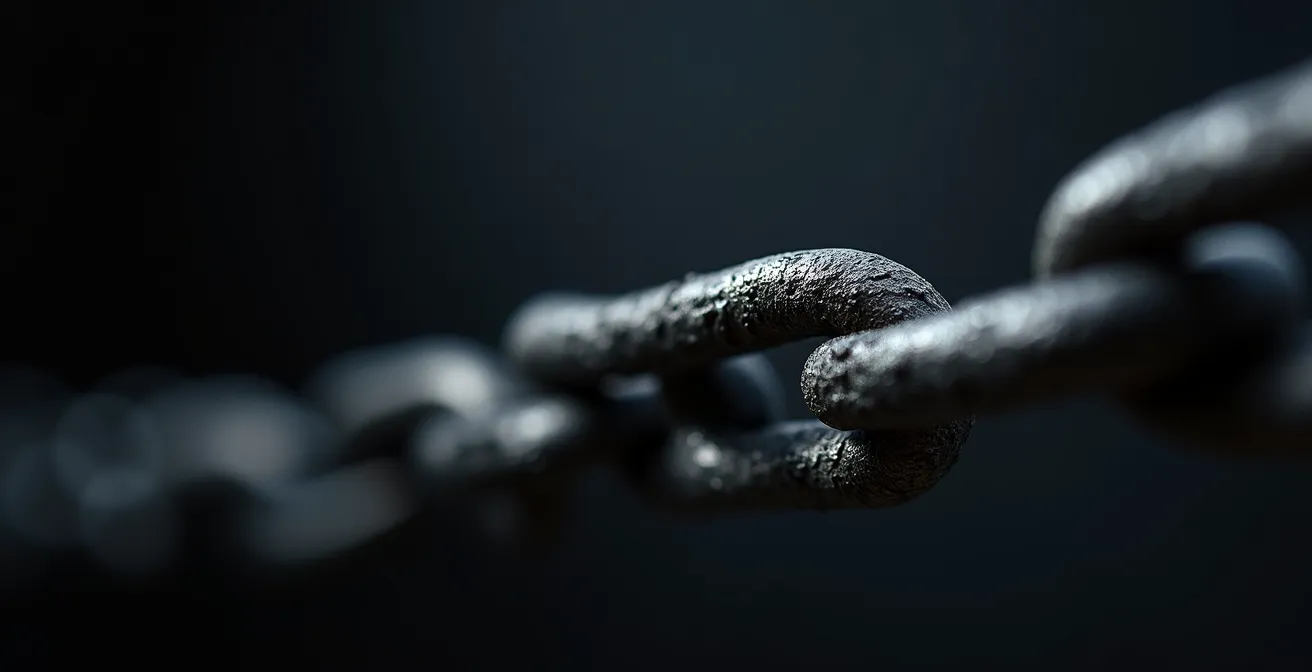 Gros plan sur un maillon de chaîne métallique sous tension symbolisant les conséquences juridiques