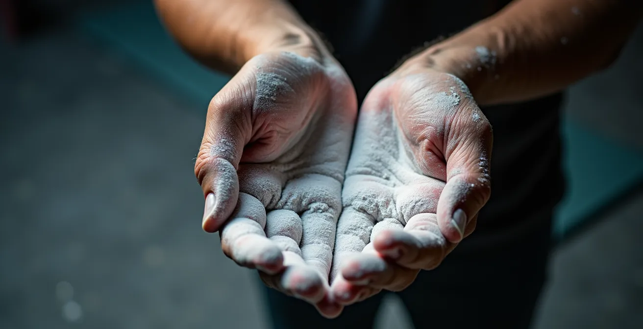Mains de grimpeur appliquant de la magnésie avant l'escalade, texture détaillée
