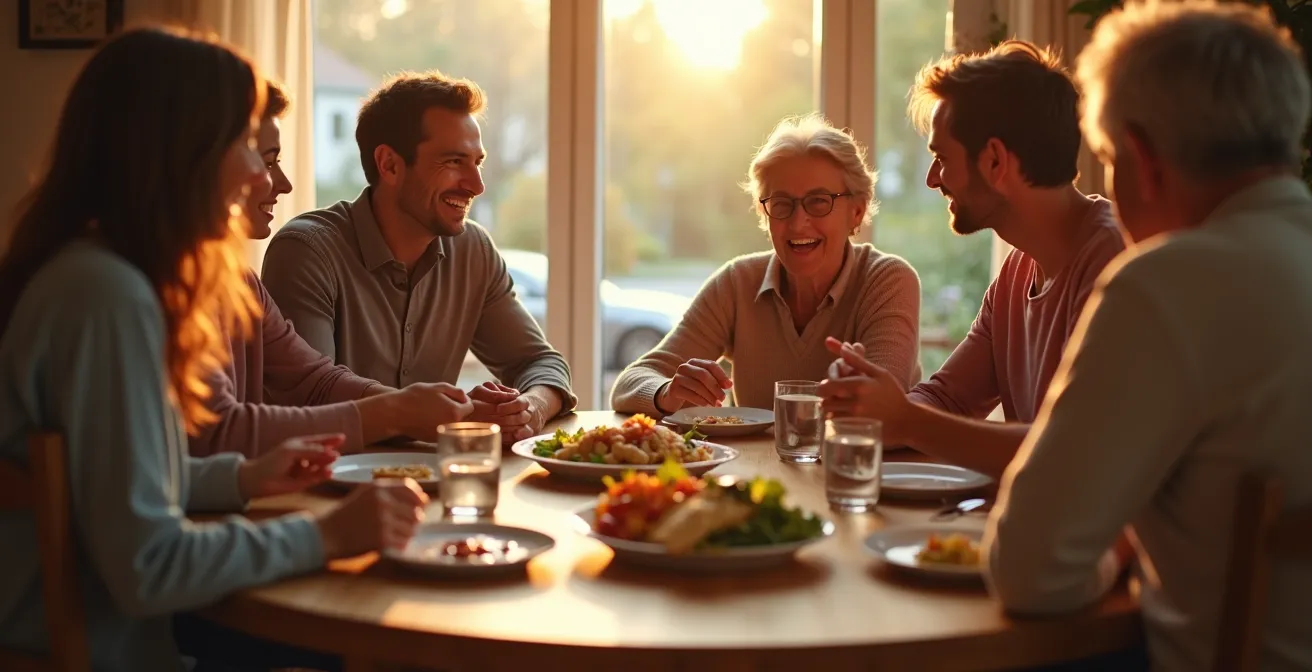Famille réunie autour d'une table ronde en bois pendant un repas convivial