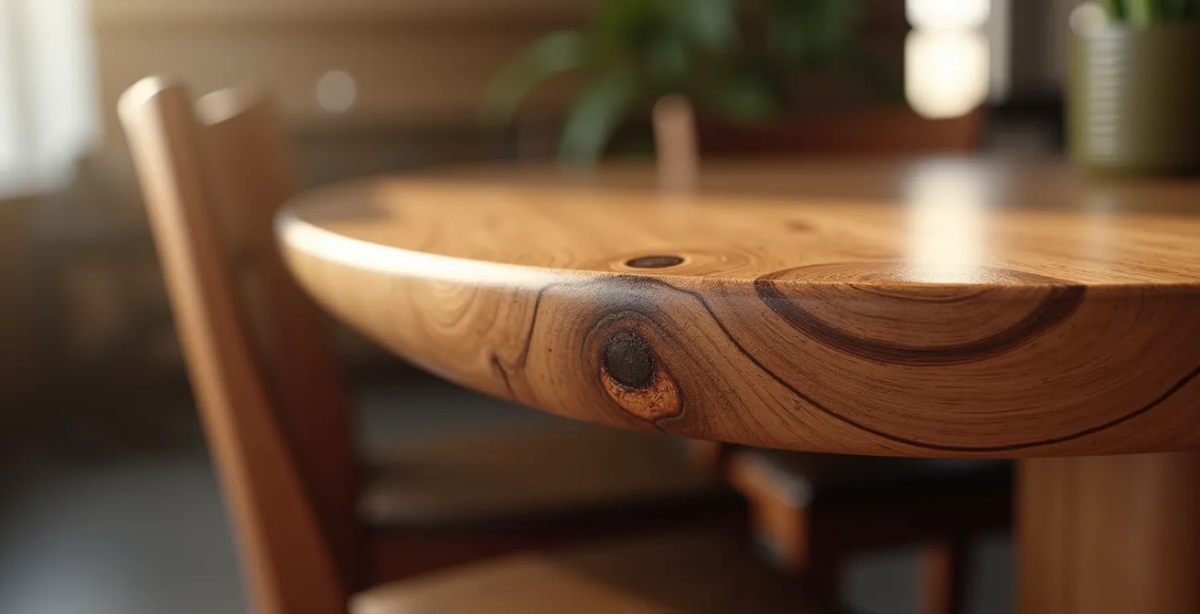 Gros plan sur l'angle arrondi d'une table en bois avec texture visible