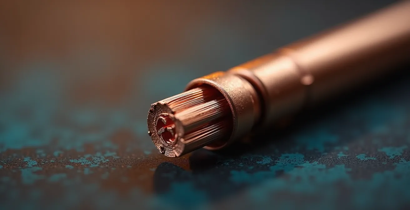 Vue macro d'une connexion électrique professionnelle avec fils de cuivre