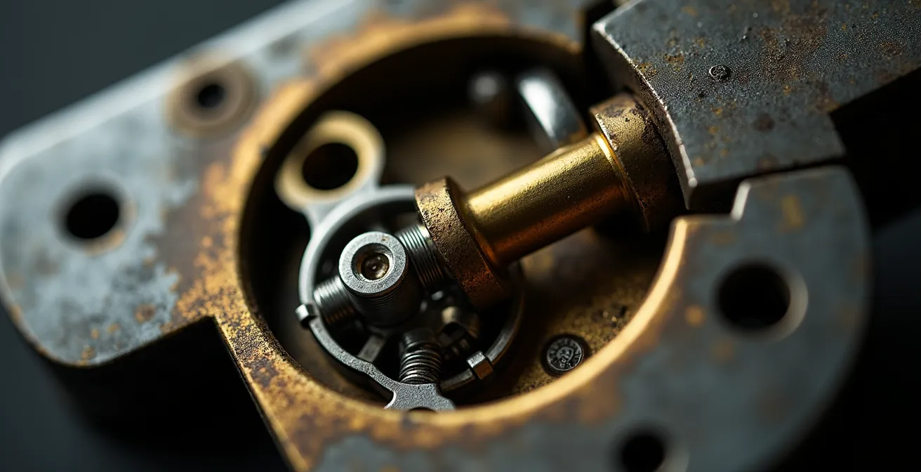 Gros plan sur mécanisme interne d'une serrure multipoints