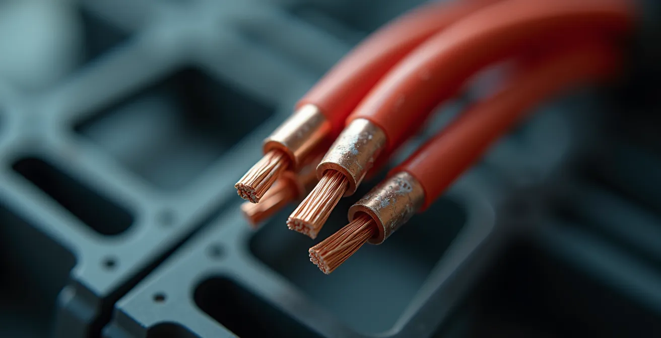 Détail macro d'un câblage électrique montrant la différence entre connexion professionnelle et amateur