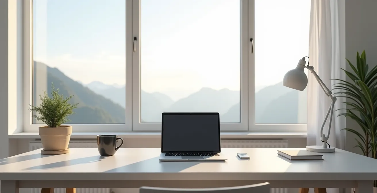 Bureau épuré avec vue sur paysage montagneux frontalier