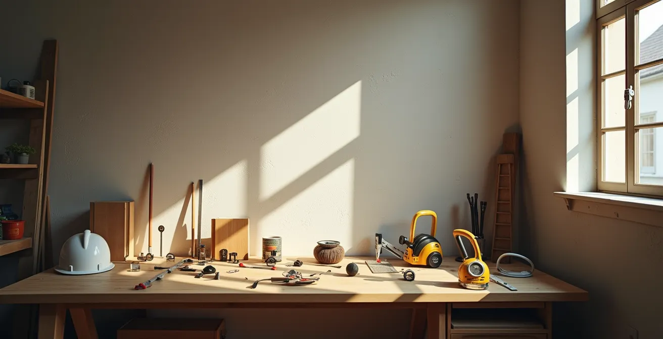 Espace de travail organisé d'un couvreur professionnel avec outils rangés méthodiquement