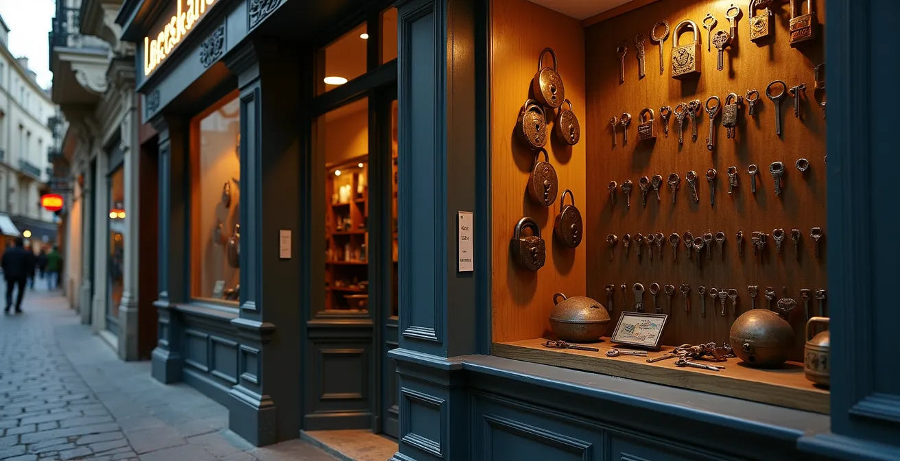 Devanture d'une boutique de serrurerie traditionnelle dans une rue