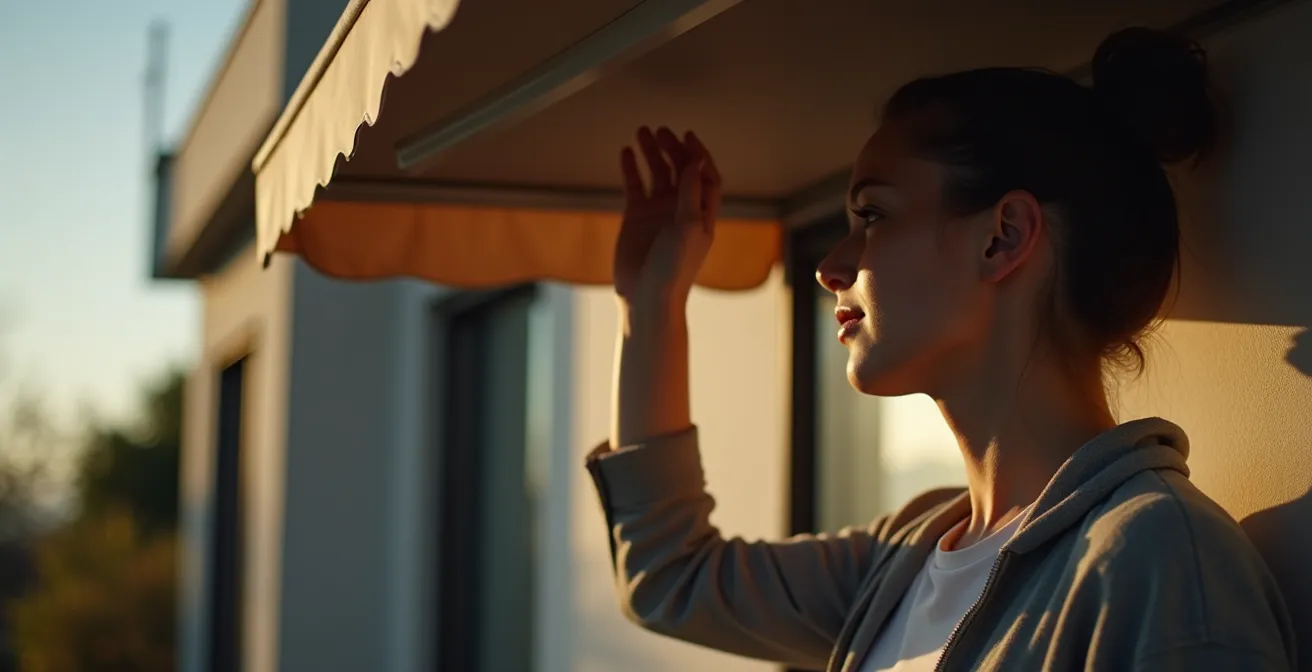 Personne ajustant un store sur une terrasse ensoleillée avec jeu d'ombres