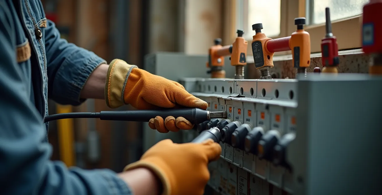 Mains d'artisan électricien travaillant sur un tableau électrique moderne