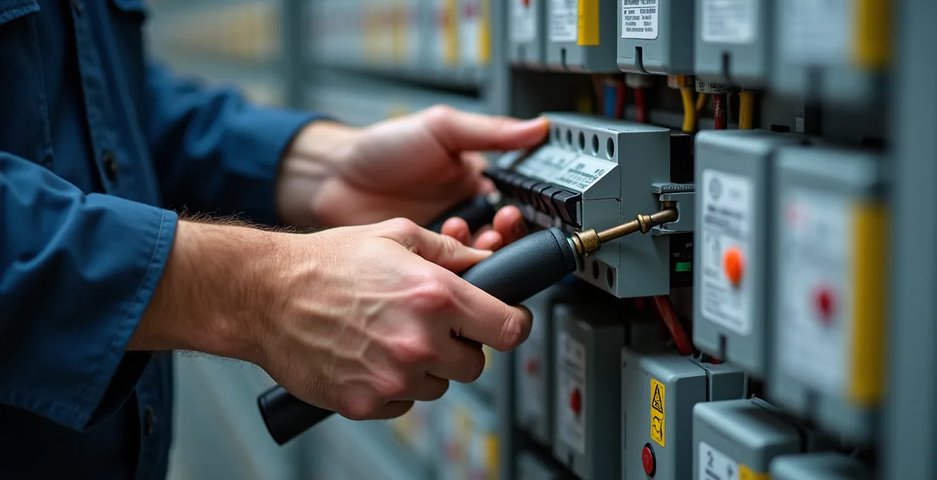 Main d'électricien installant un disjoncteur dans un tableau électrique moderne