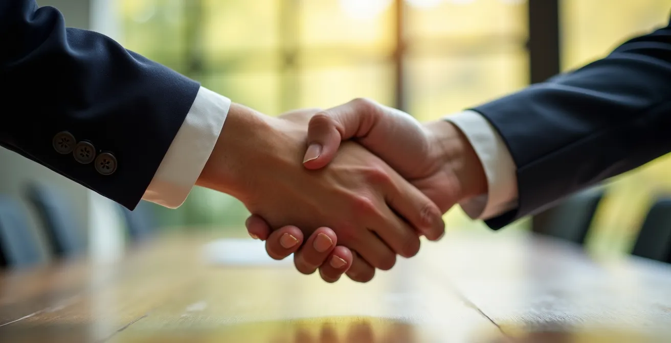 Poignée de main professionnelle symbolisant l'accord transparent et les obligations légales