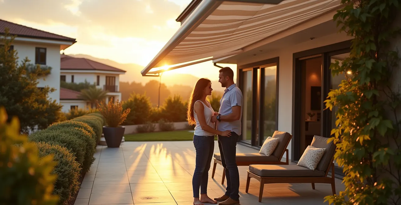 Vue d'une maison équipée de protections solaires multiples pour faire face aux canicules