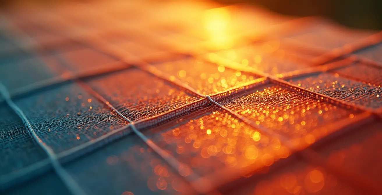 Détail macro de la texture d'une toile de store avec effet de réflexion lumineuse