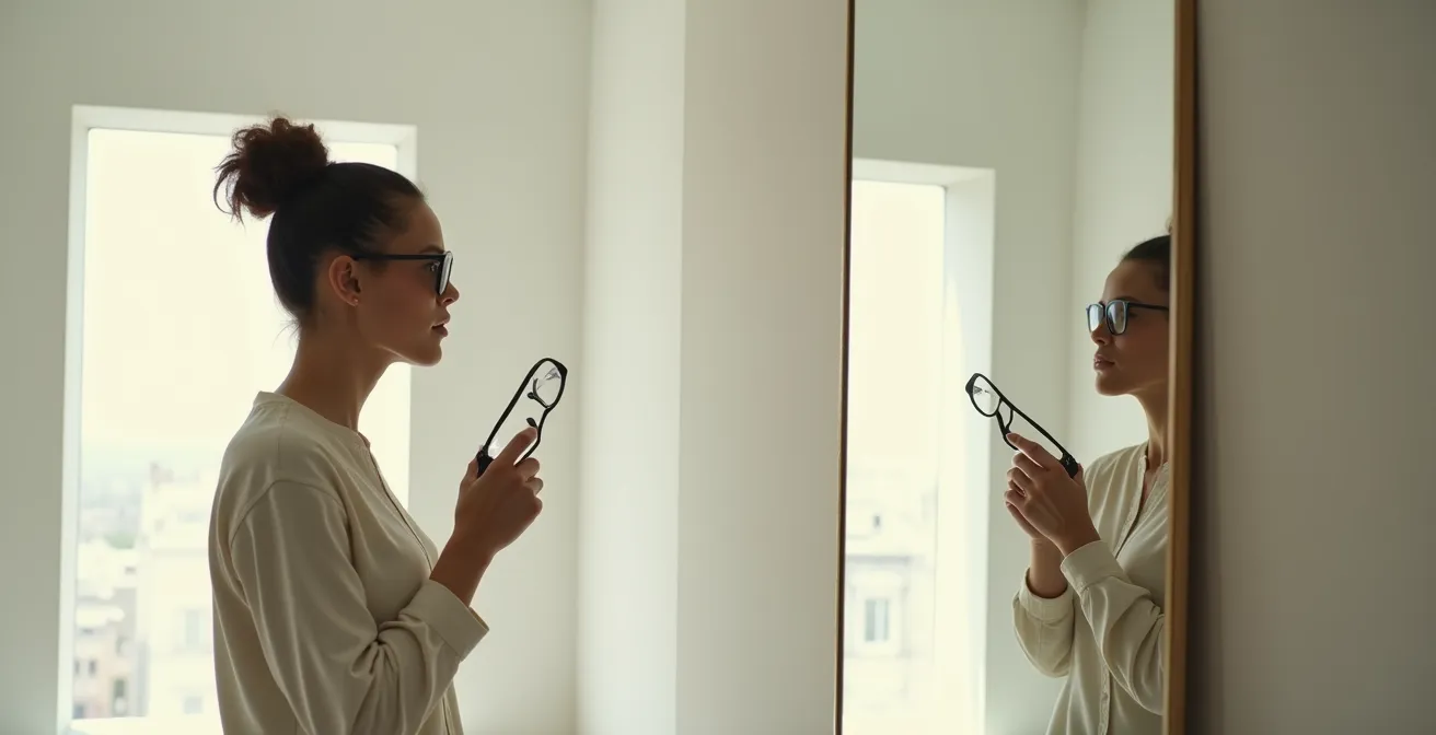 Personne contemplative devant un miroir, tenant délicatement une paire de lunettes dans un environnement minimaliste