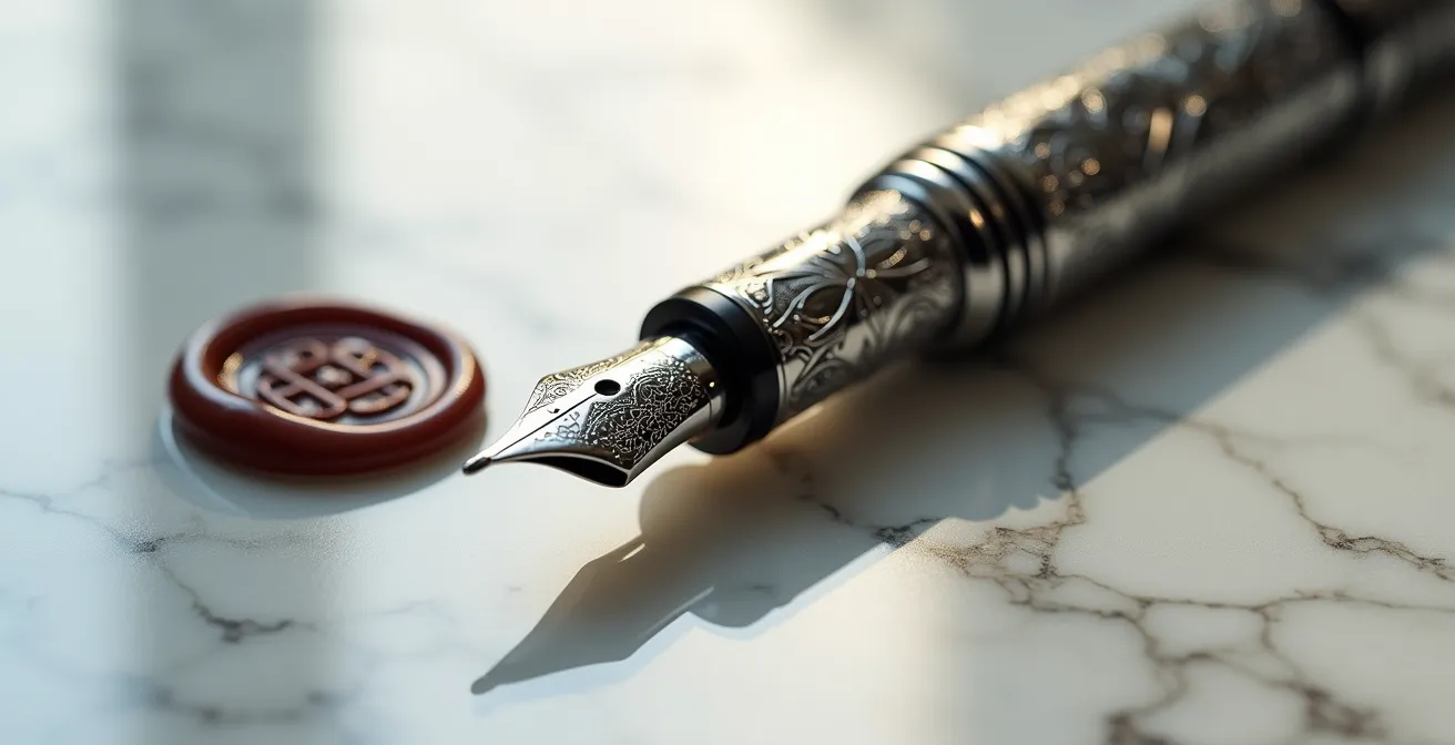 Plume élégante posée sur une surface en marbre avec jeu de lumière