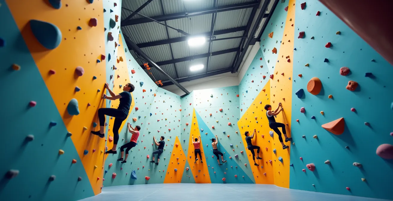 Vue large d'une salle d'escalade avec grimpeurs à différentes hauteurs, ambiance lumineuse