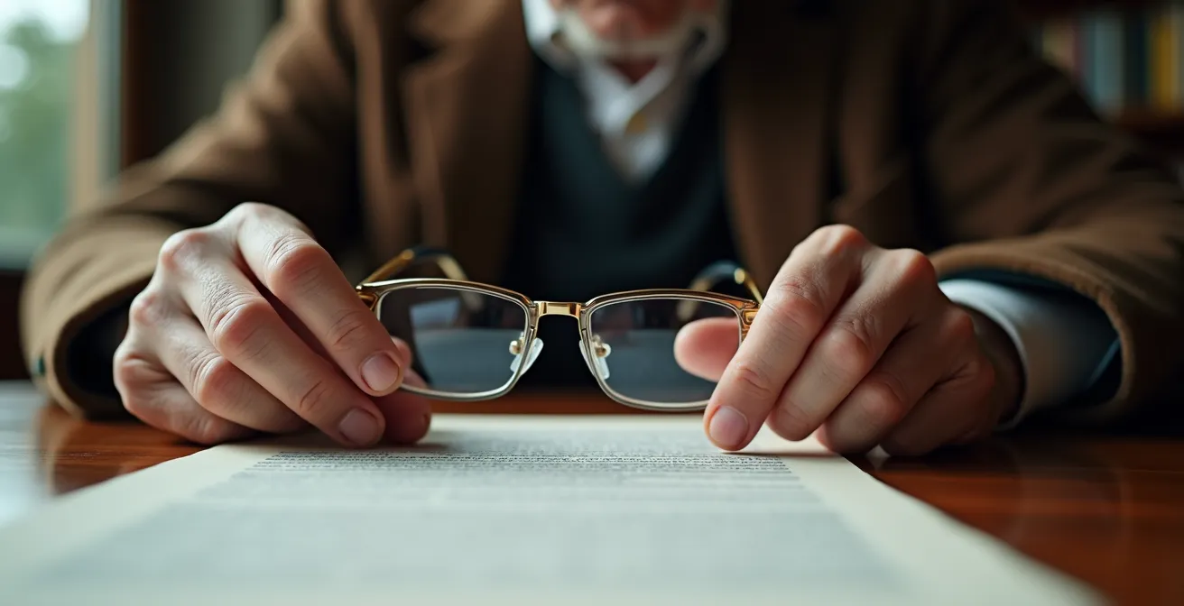 Personne senior examinant attentivement des documents avec une expression sereine