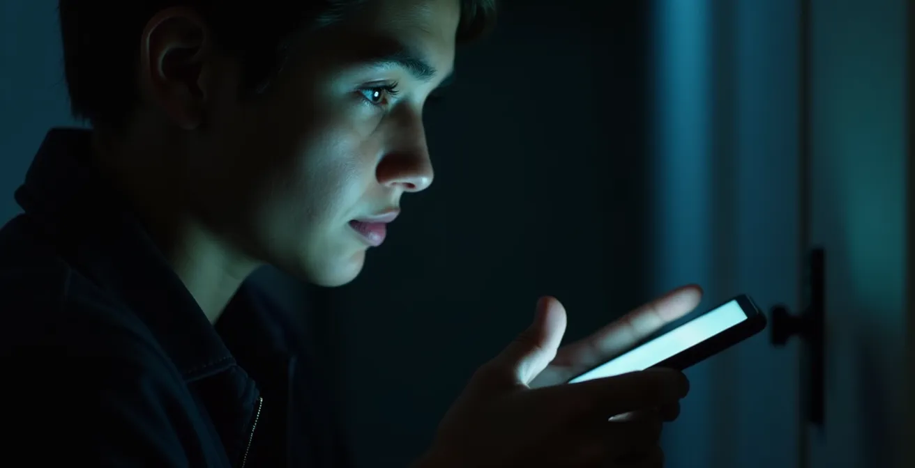 Main tenant un téléphone dans l'obscurité avec lumière d'écran